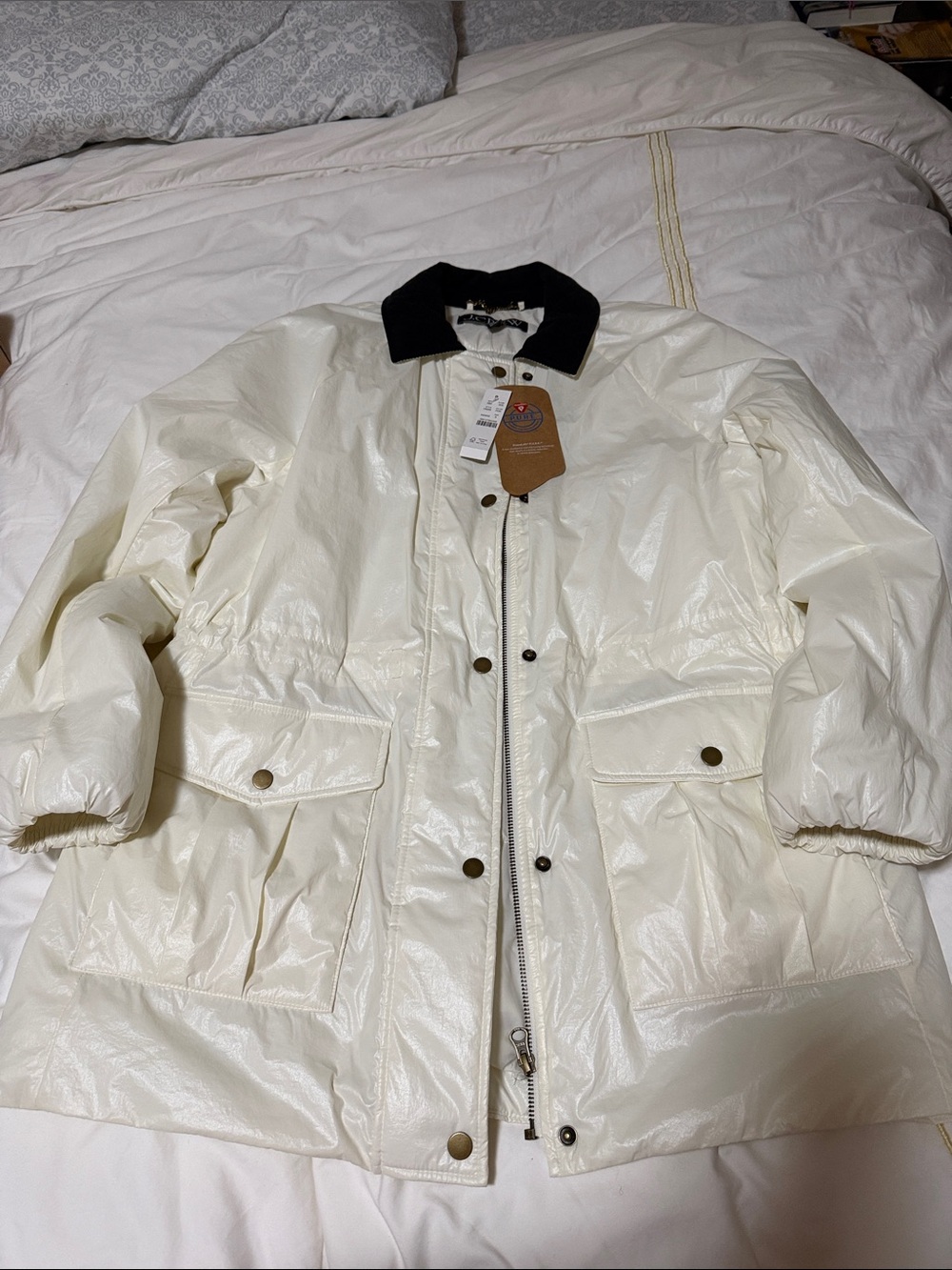 J. Crew White Puffer Parka with Black Corduroy Collar